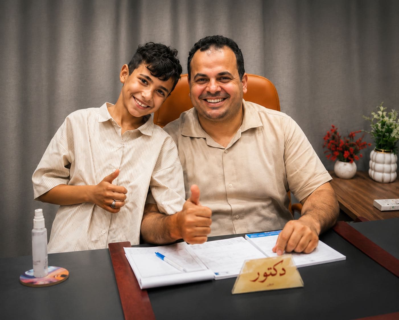 د. يوسف النوبي مع طفل في العيادة بعد الكشف